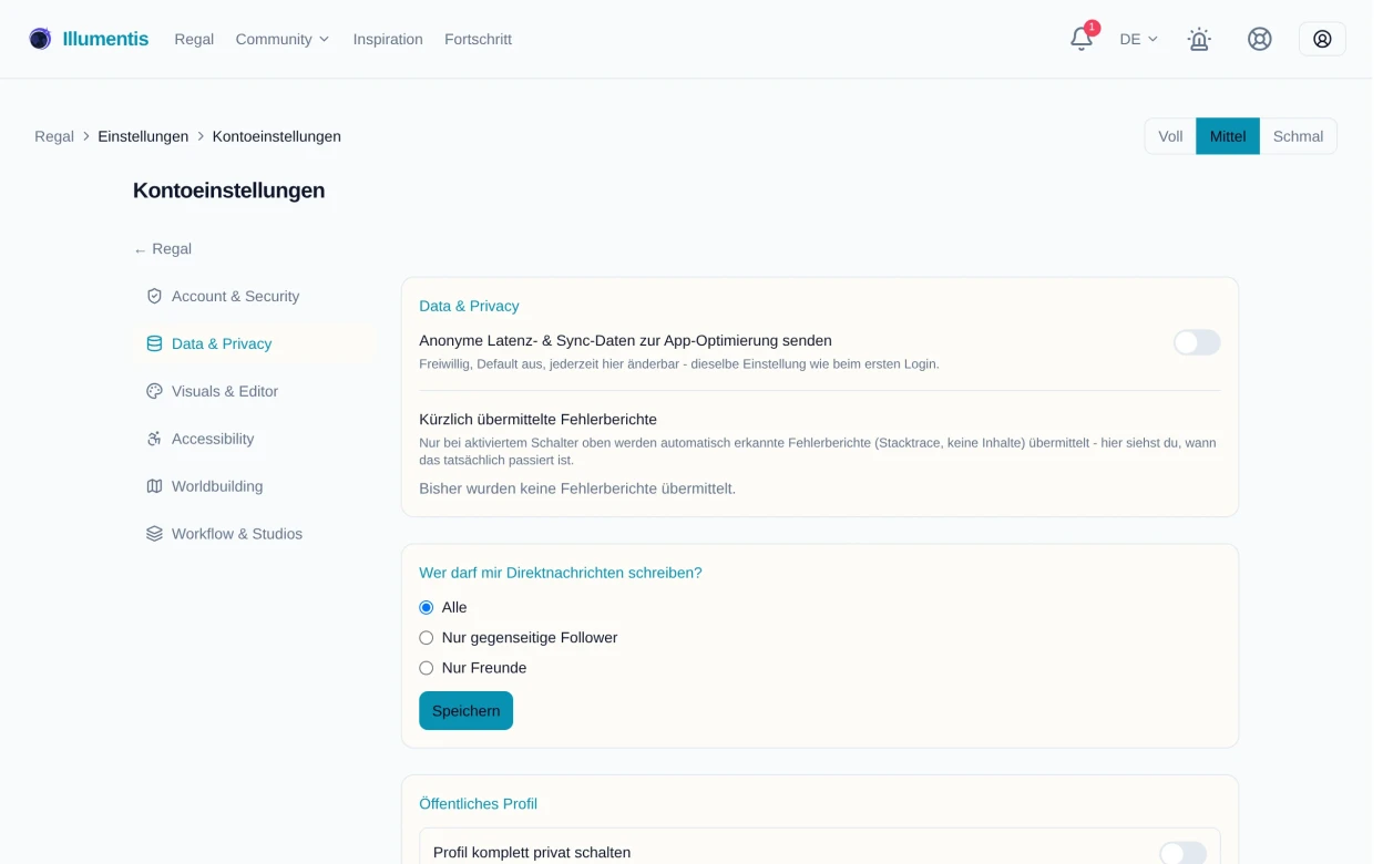 Der Bereich Data und Privacy mit Telemetrie und Direktnachrichten