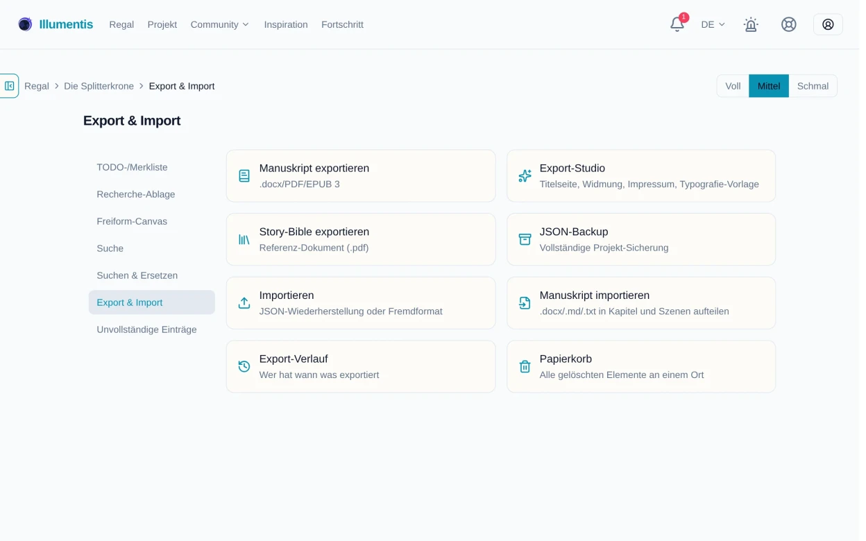 Der Hub Export und Import mit seinen Kacheln