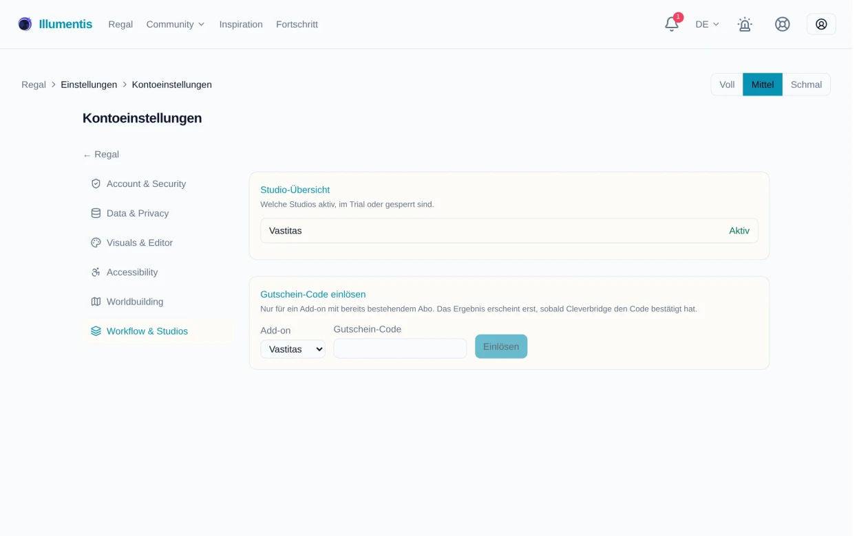 Die Studio-Übersicht mit dem Status der Add-ons