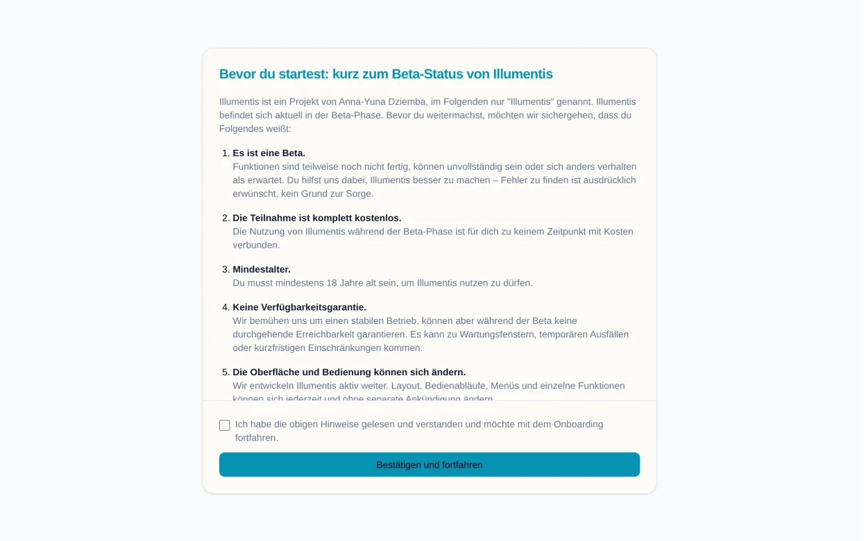 Die Seite „Bevor du startest“ mit Haken und Bestätigen-Button