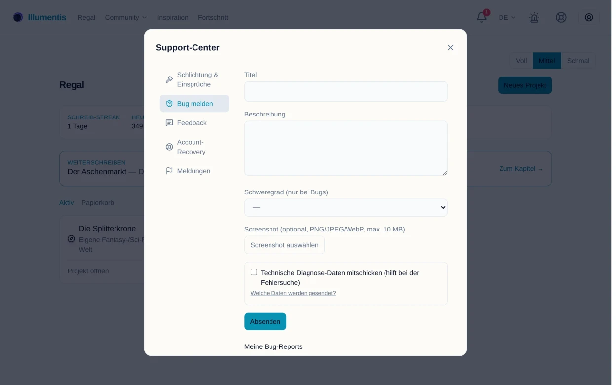 Das Bug-Formular im Support-Center