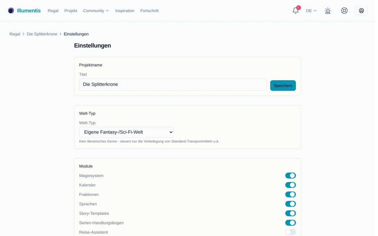 Die Modul-Einstellungen des Projekts