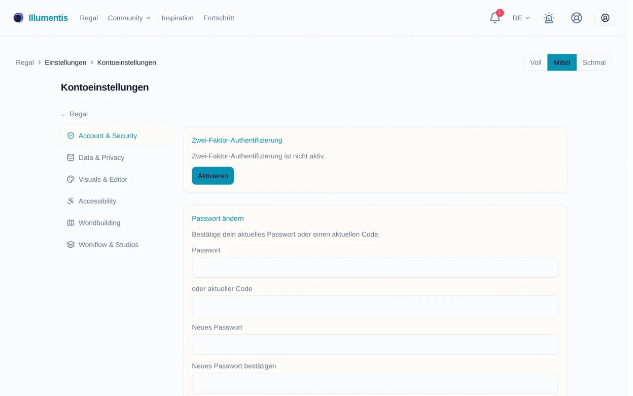 Die Kontoeinstellungen mit Bereichsliste und dem Bereich Account und Security