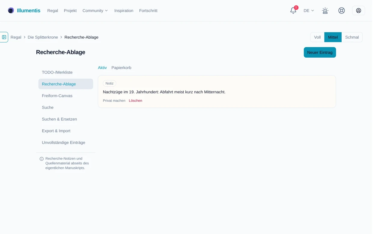 Die Recherche-Ablage mit Notiz und Link