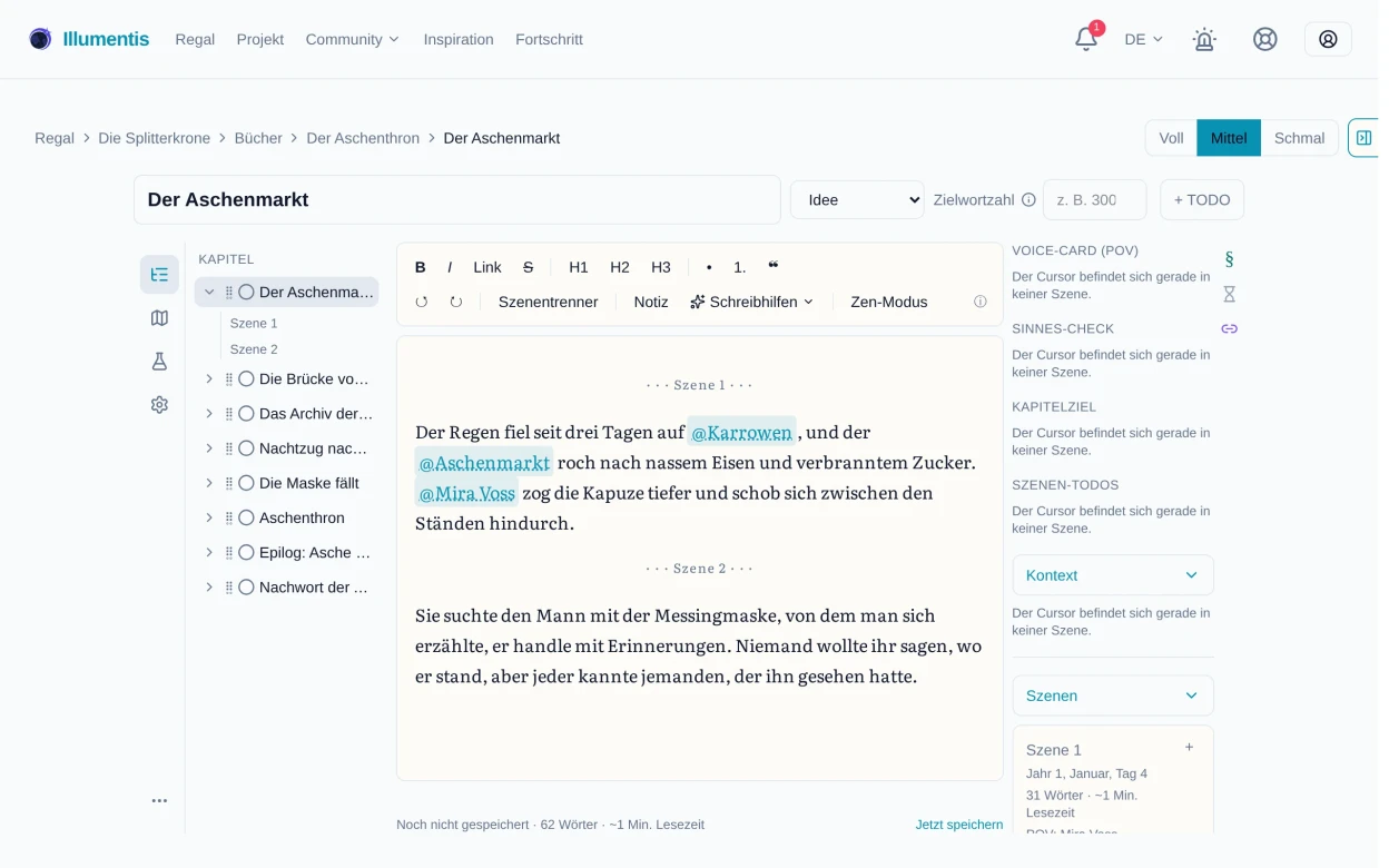Der Kapitel-Editor mit Werkzeugleiste, Schreibfläche und Seitenleisten