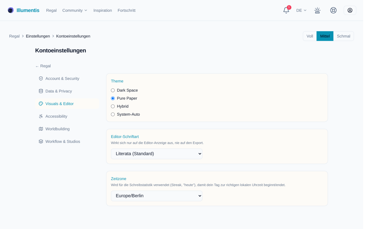 Der Bereich Visuals und Editor mit Theme, Schriftart und Zeitzone
