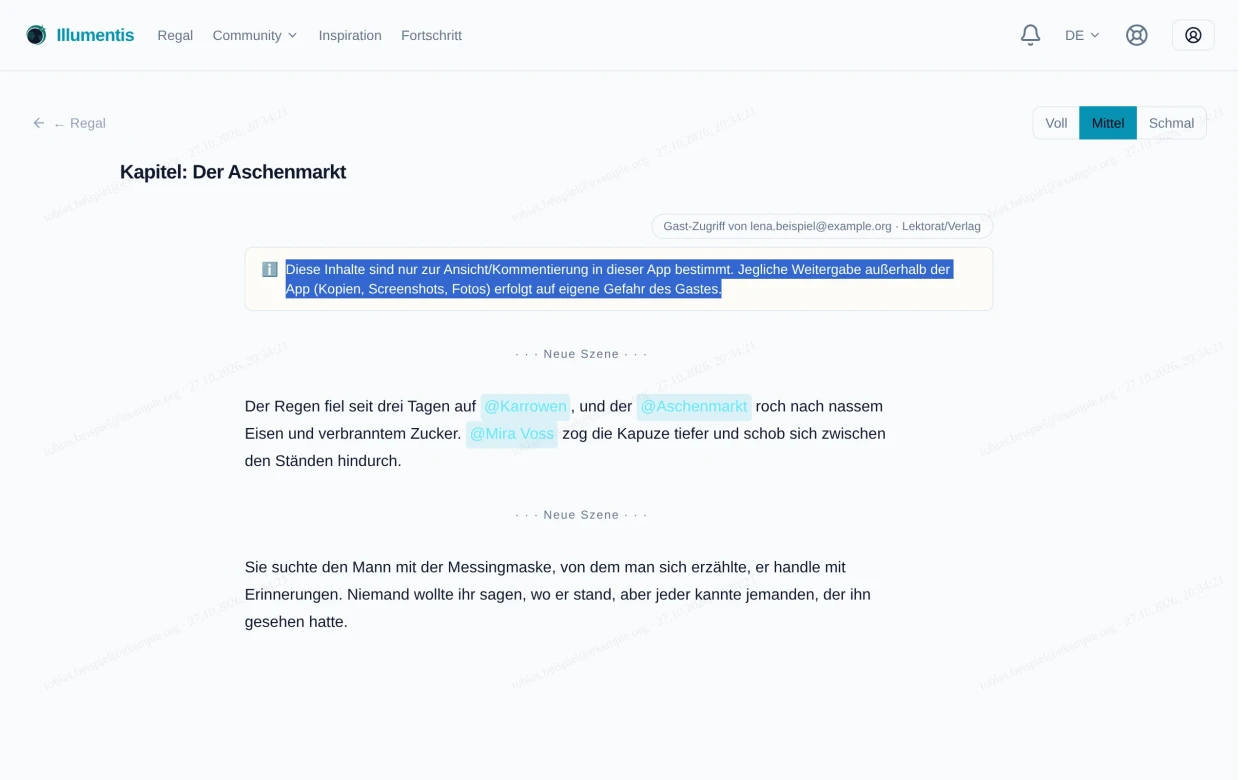 Die Gast-Ansicht mit markierter Textstelle und den Buttons zum Vorschlagen