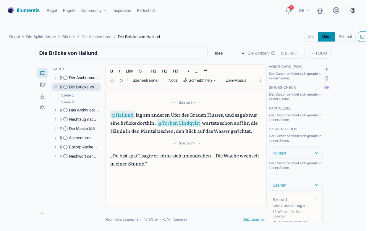 Der Drei-Zonen-Editor mit Werkzeug-Panel, Schreibfläche und Kontext-Panel