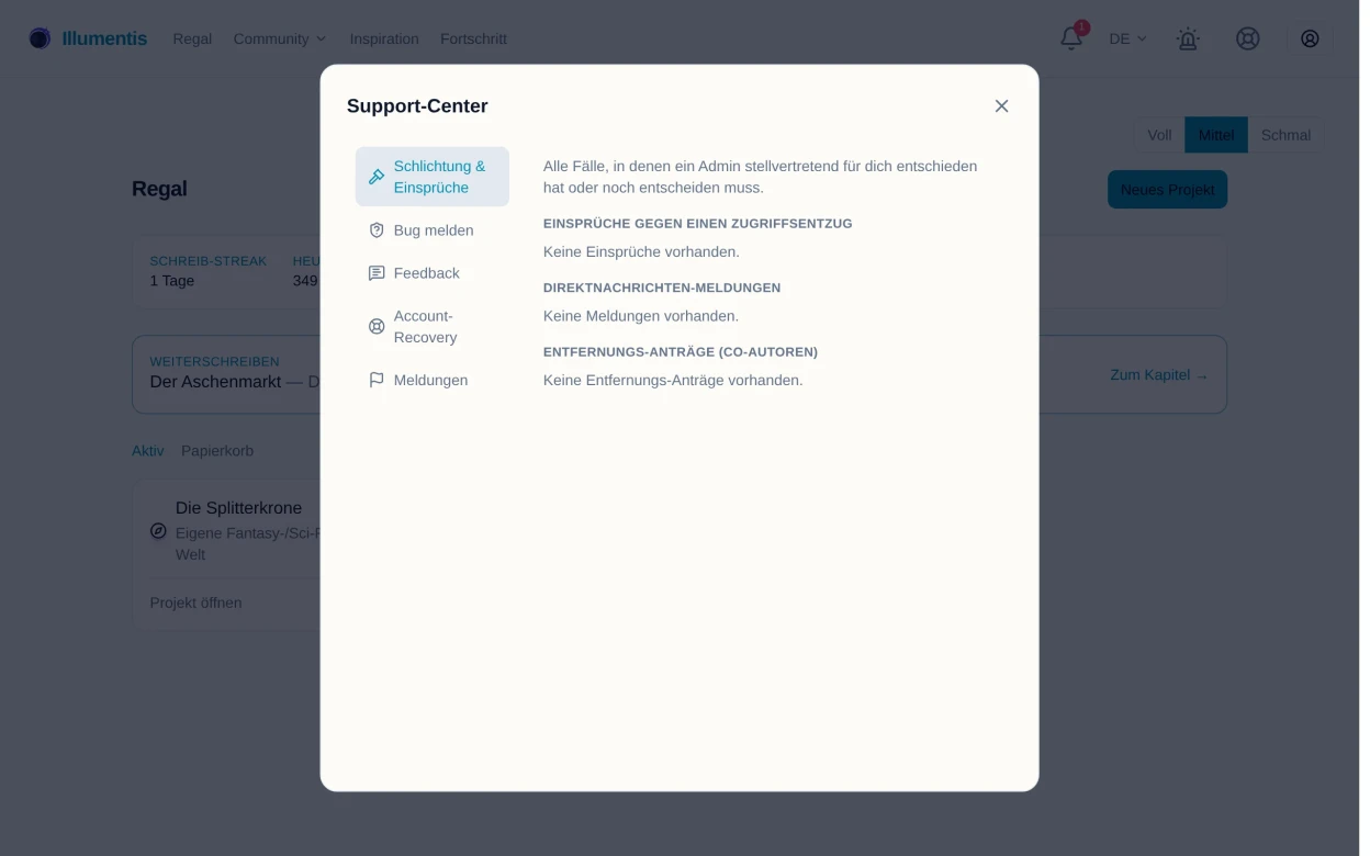 Der Bereich Schlichtung und Einsprüche im Support-Center