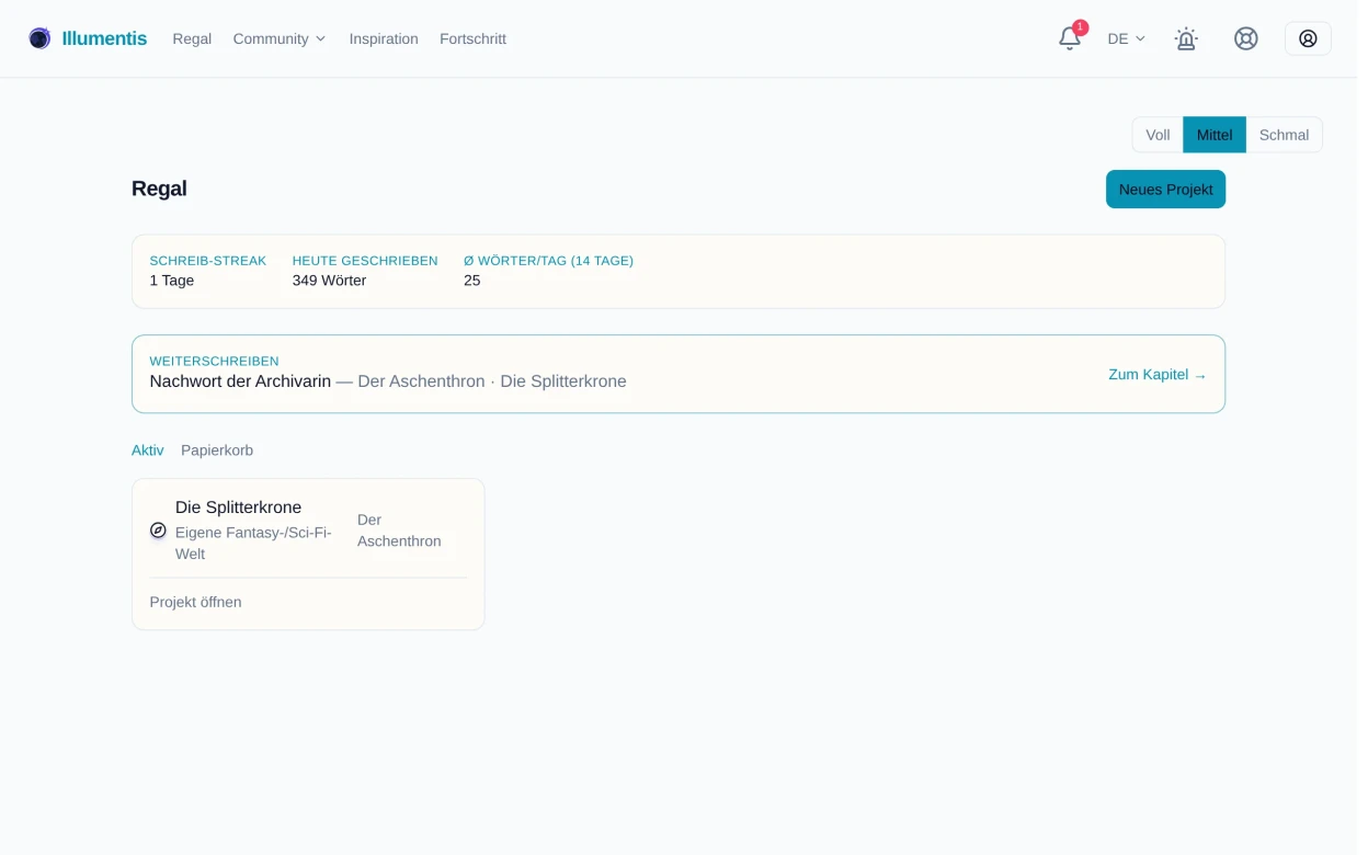 Das Regal mit der Projektkarte „Die Splitterkrone“ und dem Button „Neues Projekt“