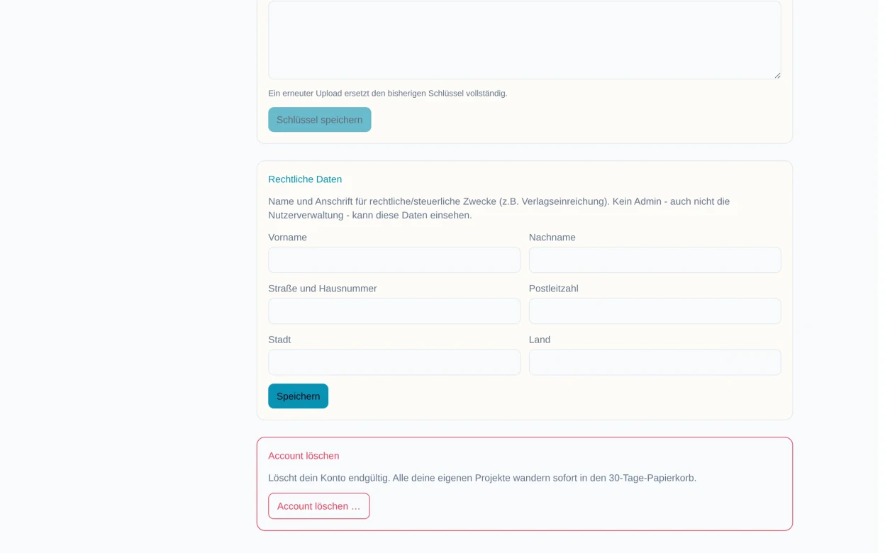 Datenauskunft und Account löschen im Bereich Data und Privacy
