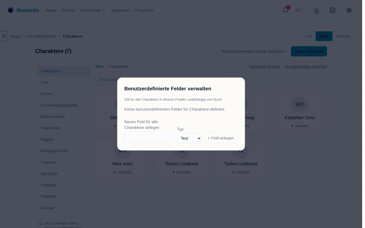 Der Dialog „Benutzerdefinierte Felder verwalten“